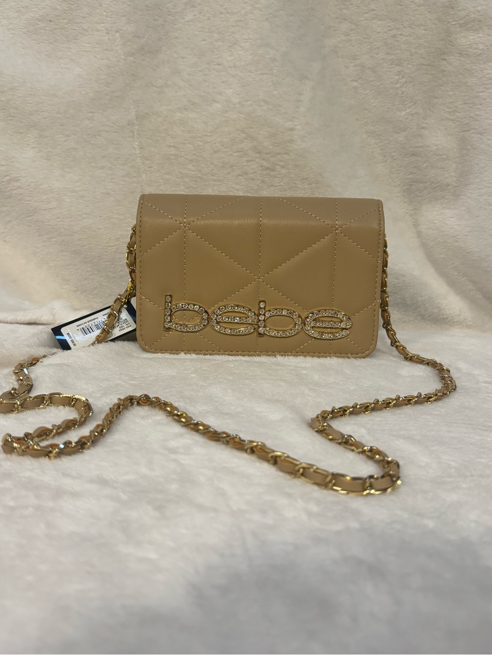 bebe Quilted Crossbody Bag in Tan with Gold Chain